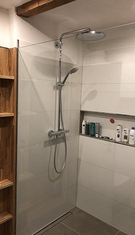 Walk-in shower with glass partition, rainfall and handheld showerheads.